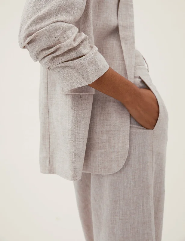 Linen Blend Ruched Sleeve Blazer