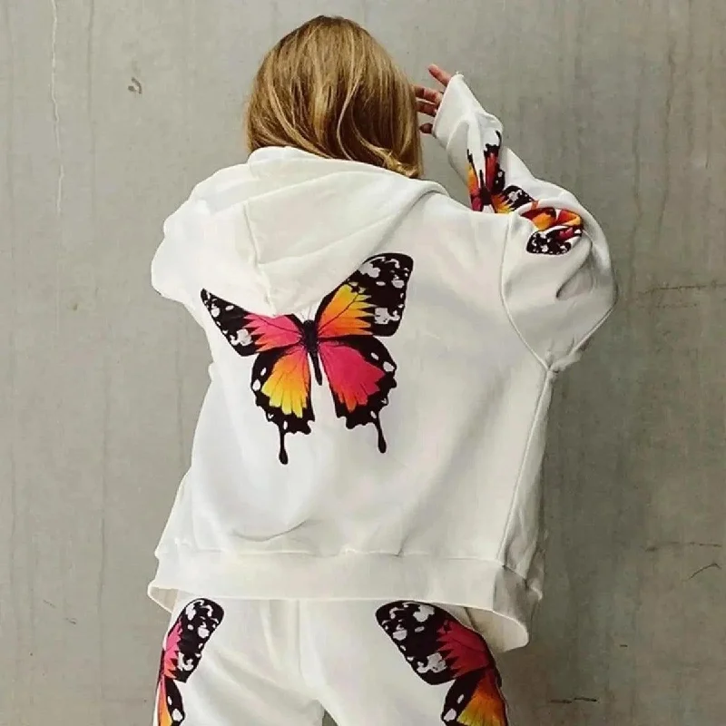 Printed Color Big Butterfly Casual Hooded Sweatshirt