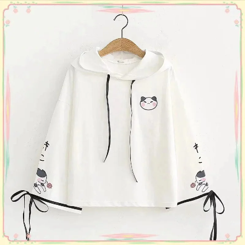 Sweet And Cute Childlike Cat Print Lace Cotton Loose Casual