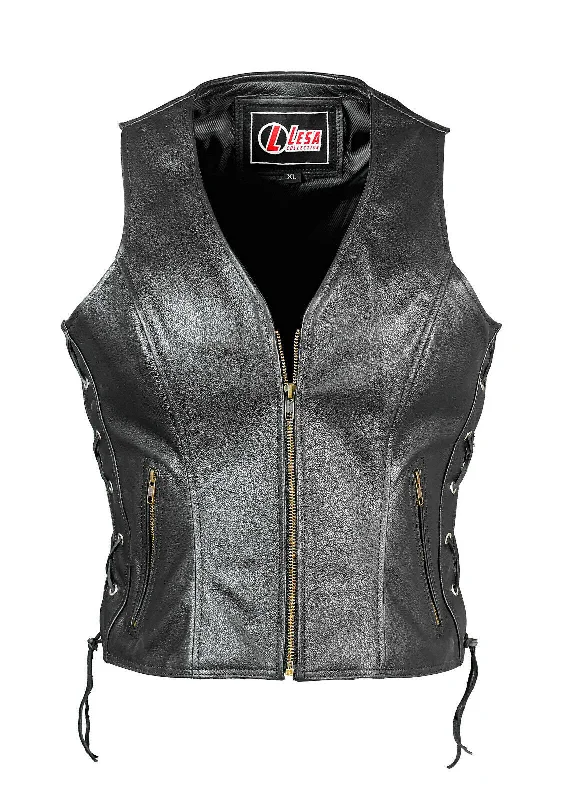 New Womens Ladies Classical Biker Real Cowhide Leather Waistcoat/Vest