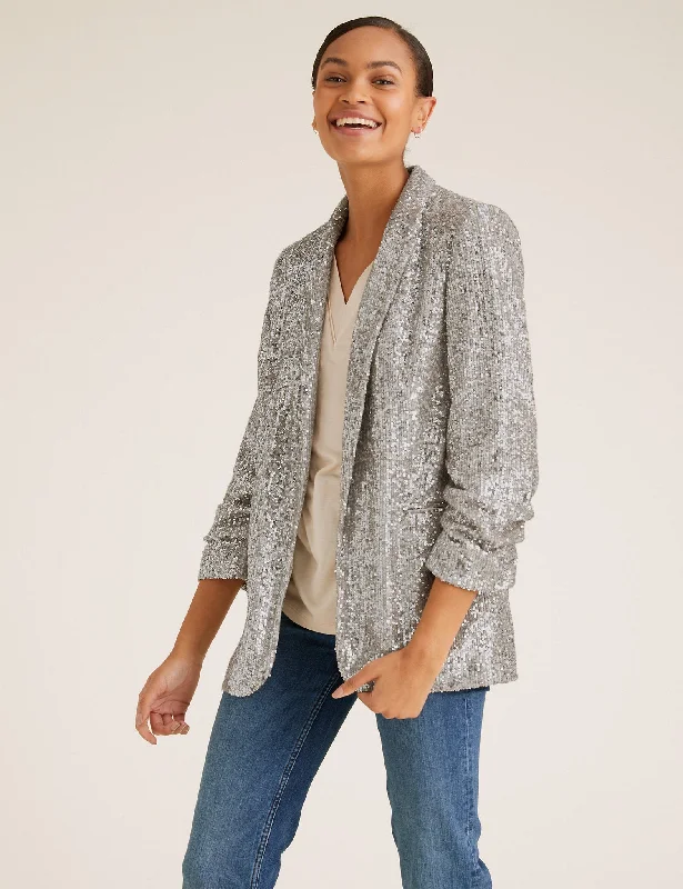 Relaxed Sequin Ruched Sleeve Blazer