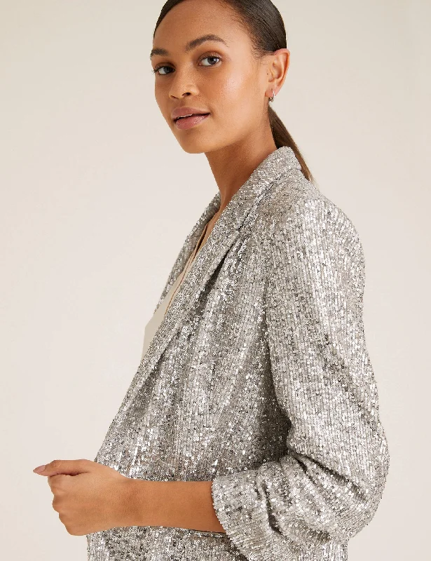 Relaxed Sequin Ruched Sleeve Blazer