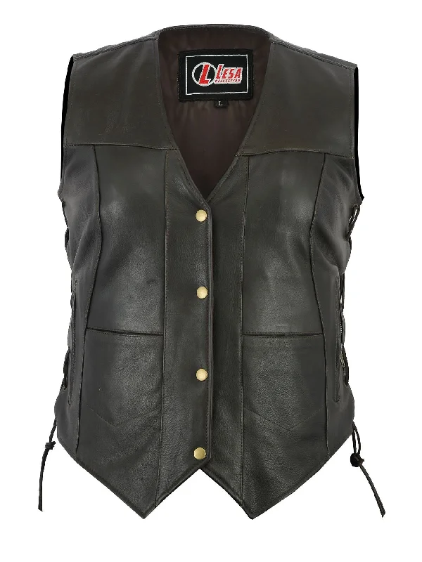 Women's Brown And Black Side Lace Leather 10 Pocket Vest