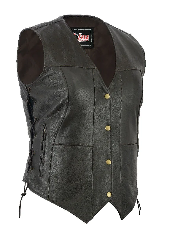 Women's Brown And Black Side Lace Leather 10 Pocket Vest