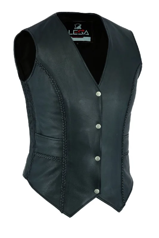 New Womens ladies Genuine Real Leather Braided Black Waistcoat Gillette Vest