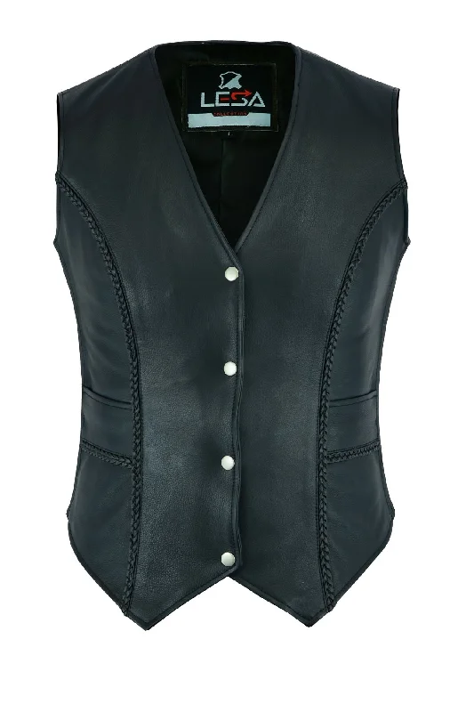 New Womens ladies Genuine Real Leather Braided Black Waistcoat Gillette Vest