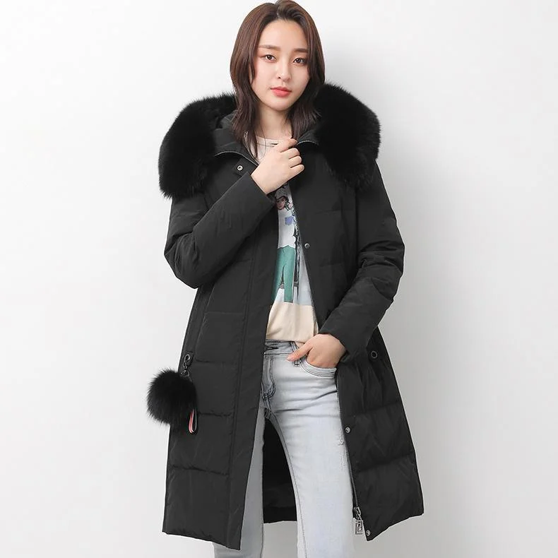 2018 black down jacket woman trendy plus size fuzzy ball decorated snow jackets fur collar coats