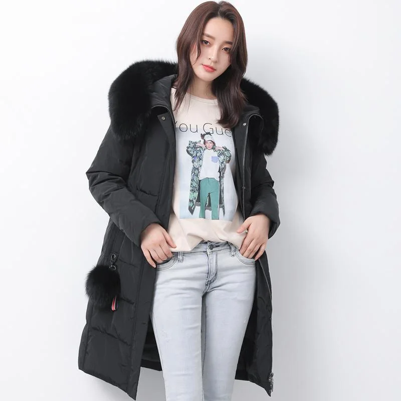 2018 black down jacket woman trendy plus size fuzzy ball decorated snow jackets fur collar coats