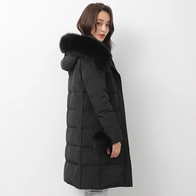 2018 black down jacket woman trendy plus size fuzzy ball decorated snow jackets fur collar coats