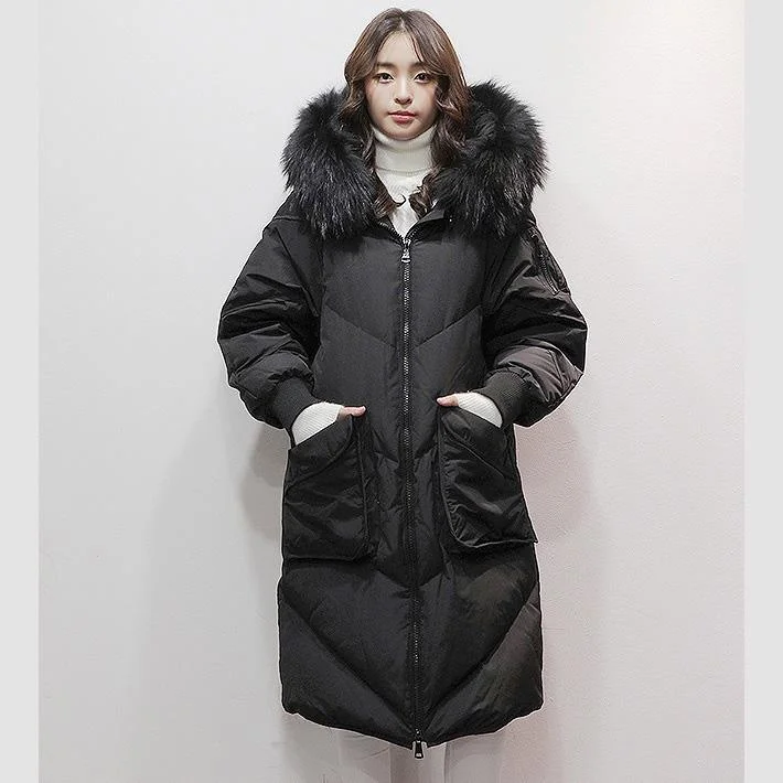 2018 black goose Down coat plus size hooded fur collar winter jacket zippered Jackets