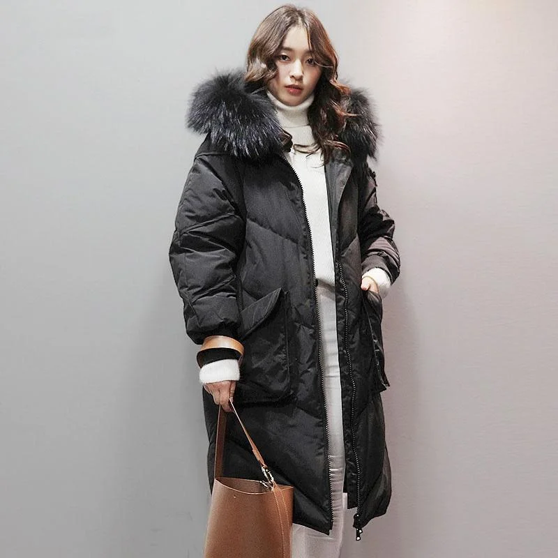 2018 black goose Down coat plus size hooded fur collar winter jacket zippered Jackets