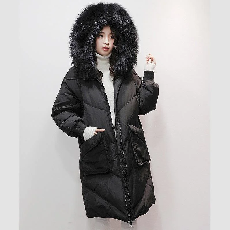 2018 black goose Down coat plus size hooded fur collar winter jacket zippered Jackets