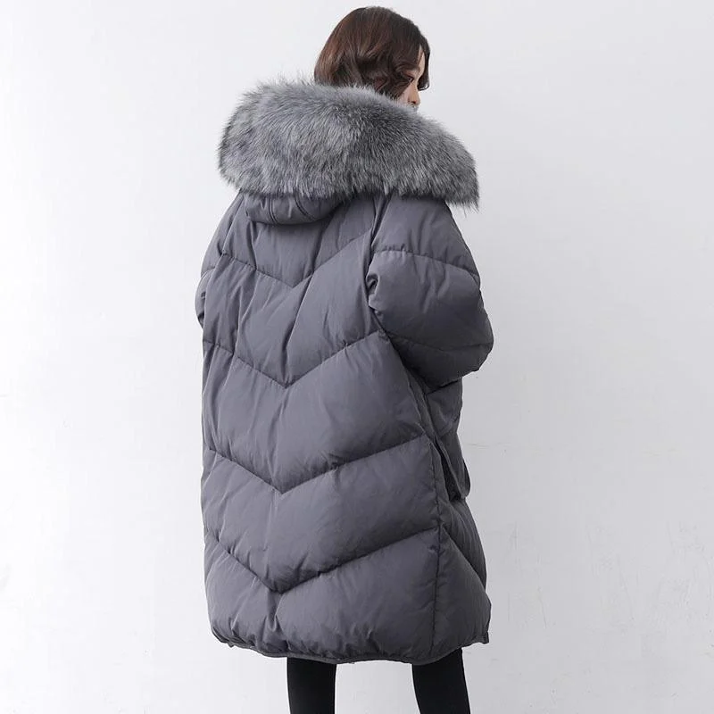 2018 black goose Down coat plus size hooded fur collar winter jacket zippered Jackets