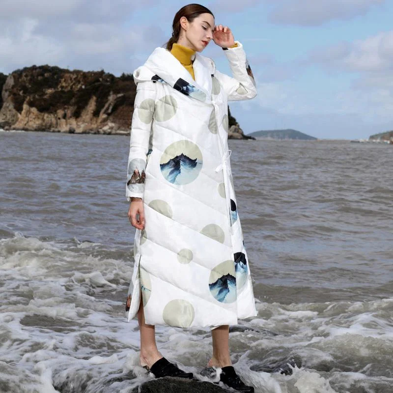 2018 white print duck down coat plus size thick winter jacket hooded winter outwear