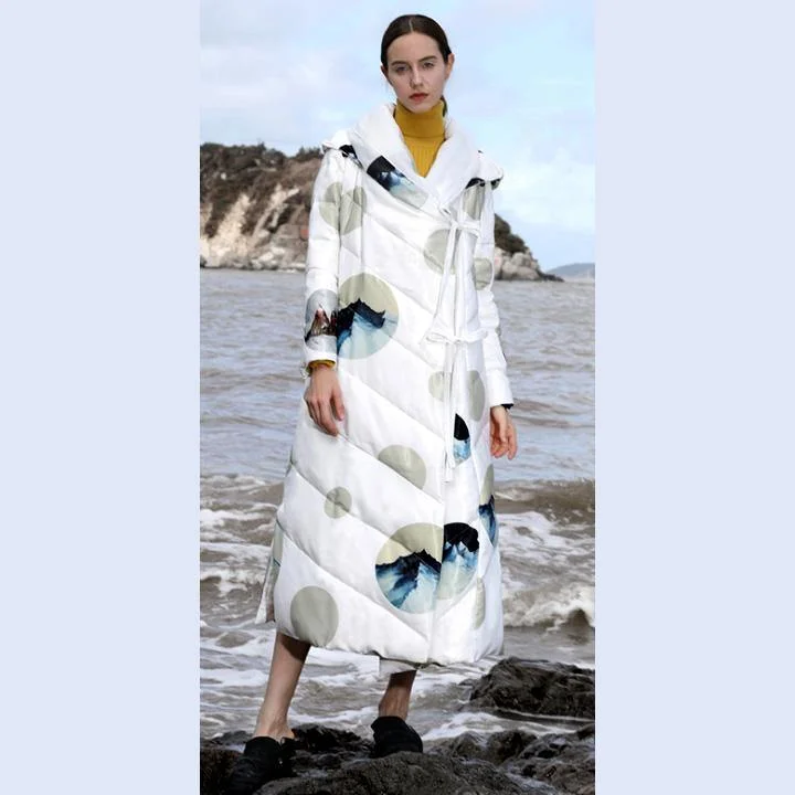 2018 white print duck down coat plus size thick winter jacket hooded winter outwear