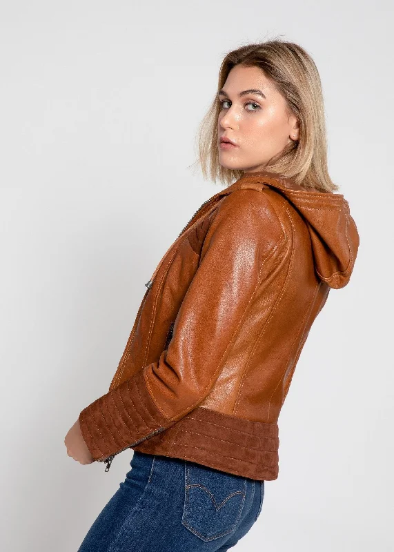 Arya Brown Suede Leather Womens Hooded Leather Jacket