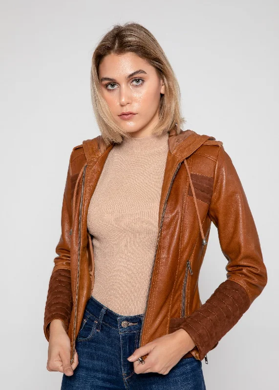 Arya Brown Suede Leather Womens Hooded Leather Jacket