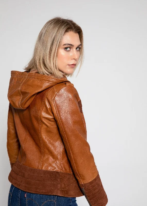 Arya Brown Suede Leather Womens Hooded Leather Jacket