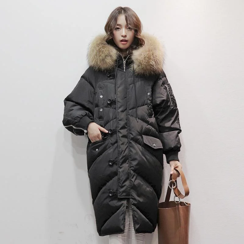 Black Duck Down Coat Loose Fitting Hooded Fur Collar Winter Jacket Zippered Long Sleeve