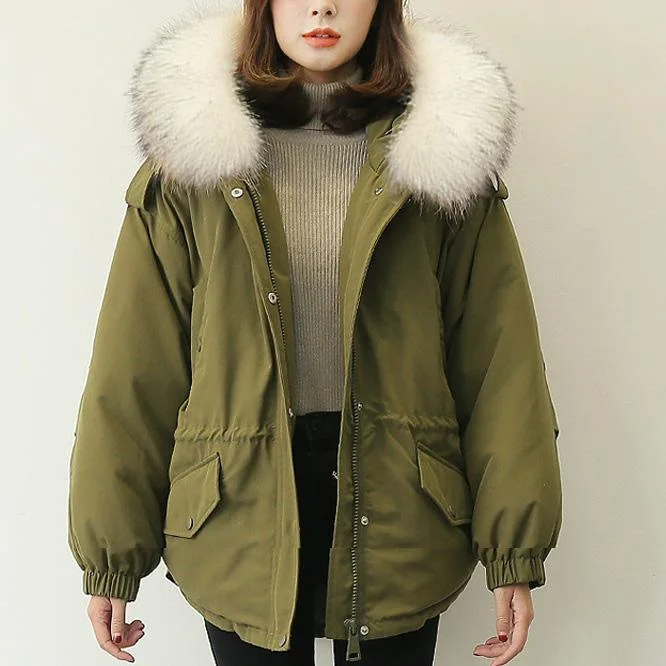 Casual army green down coat winter plussize faux fur collar snow jackets elastic waist Jackets