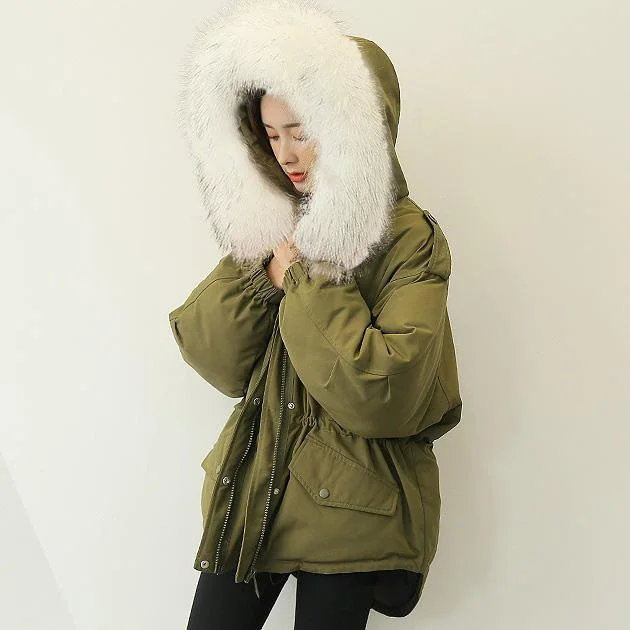 Casual army green down coat winter plussize faux fur collar snow jackets elastic waist Jackets