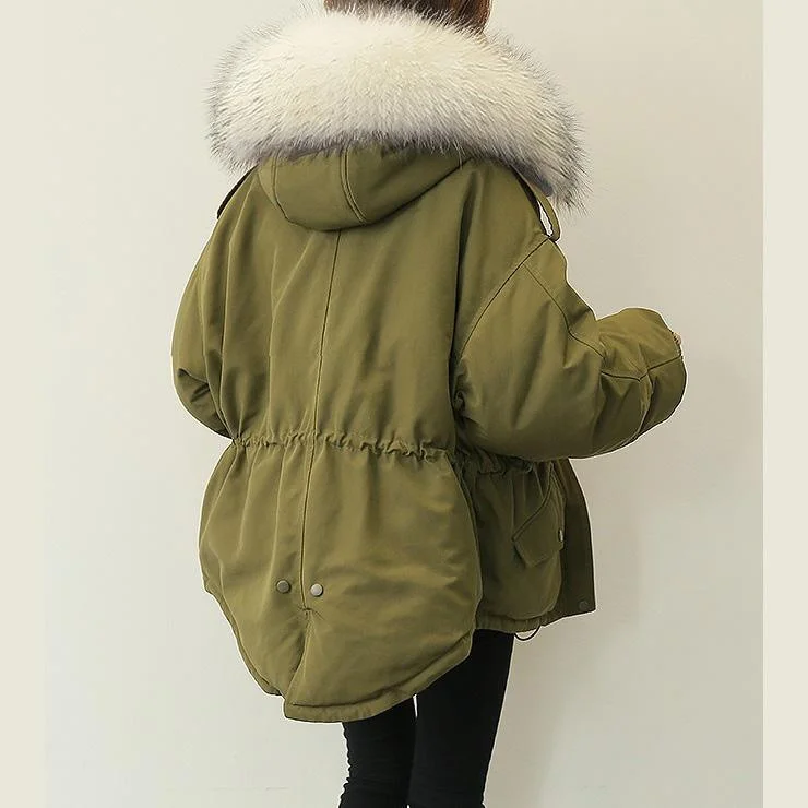 Casual army green down coat winter plussize faux fur collar snow jackets elastic waist Jackets