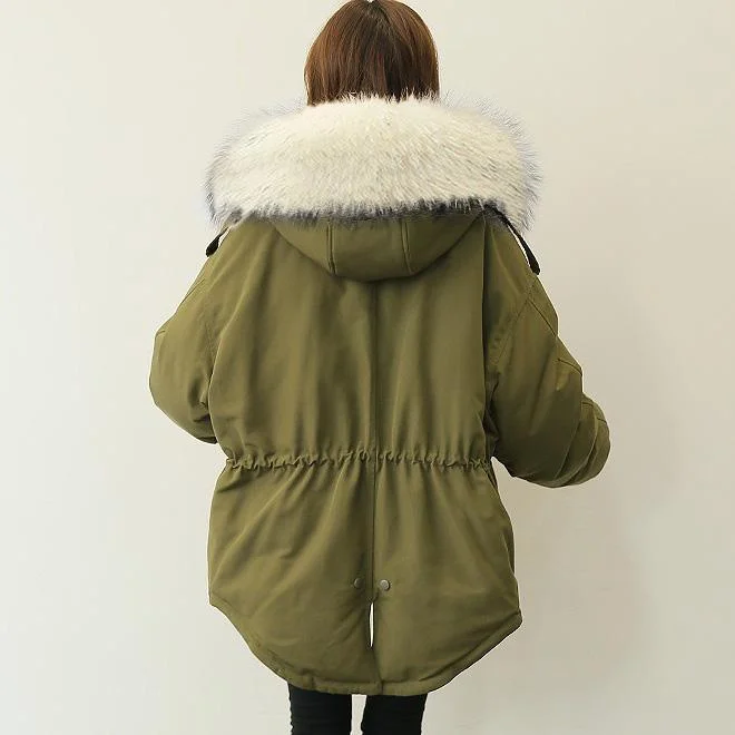 Casual army green down coat winter plussize faux fur collar snow jackets elastic waist Jackets