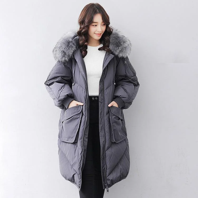 Casual gray down jacket woman casual hooded fur collar down jacket zippered Jackets