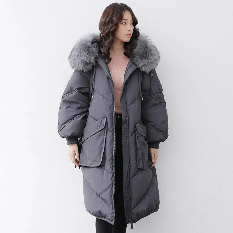 Casual gray down jacket woman casual hooded fur collar down jacket zippered Jackets