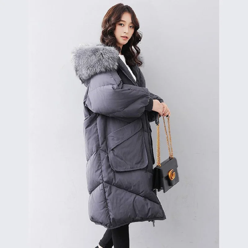 Casual gray down jacket woman casual hooded fur collar down jacket zippered Jackets