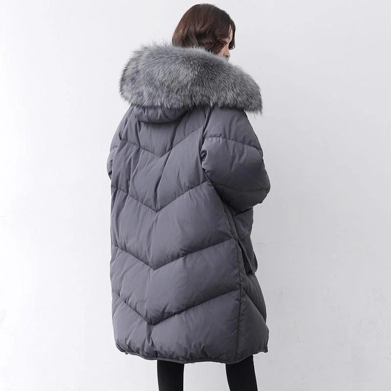 Casual gray down jacket woman casual hooded fur collar down jacket zippered Jackets