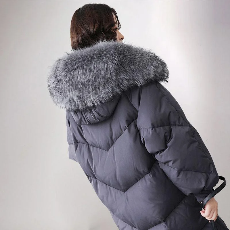 Casual gray down jacket woman casual hooded fur collar down jacket zippered Jackets