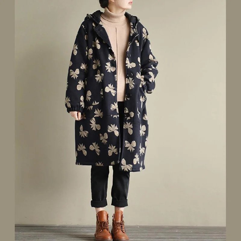 Casual navy  down jacket Loose fitting Parka thick high neck cardigan prints