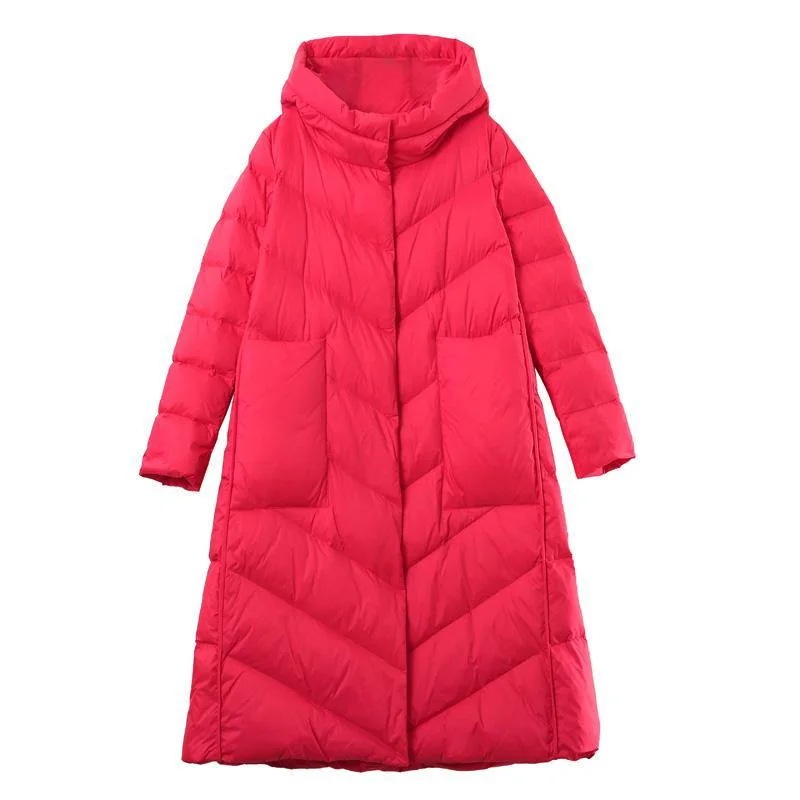 Casual red down coat winter plus size pockets womens parka hooded Luxury coats