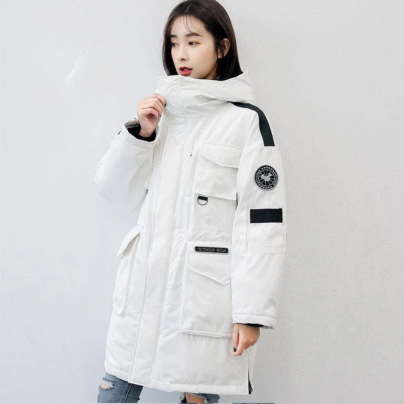 Casual white warm winter coat plus size hooded down jacket big pockets winter outwear