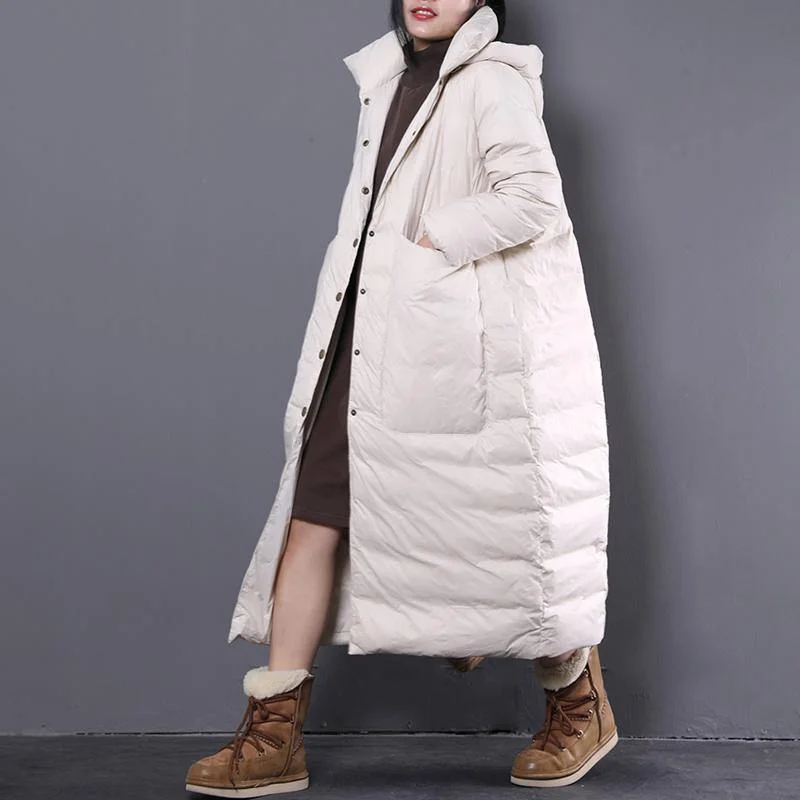 Casual white winter oversize hooded down coat large pockets trench down coat