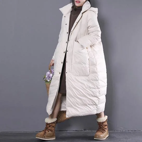 Casual white winter oversize hooded down coat large pockets trench down coat