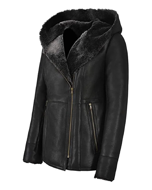 Women's Shearling Leather Jacket Back Faux Fur Lined Jacket