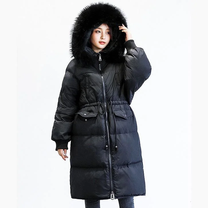 Elegant black down jacket woman Loose fitting tie waist down jacket fur collar coats