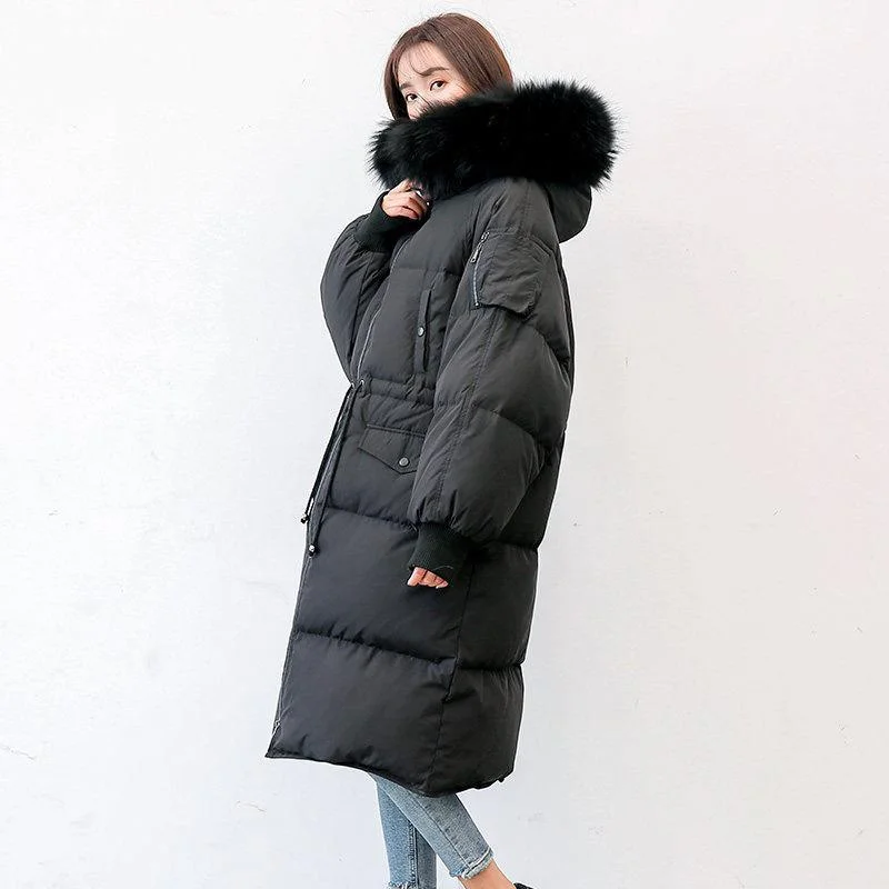 Elegant black down jacket woman Loose fitting tie waist down jacket fur collar coats