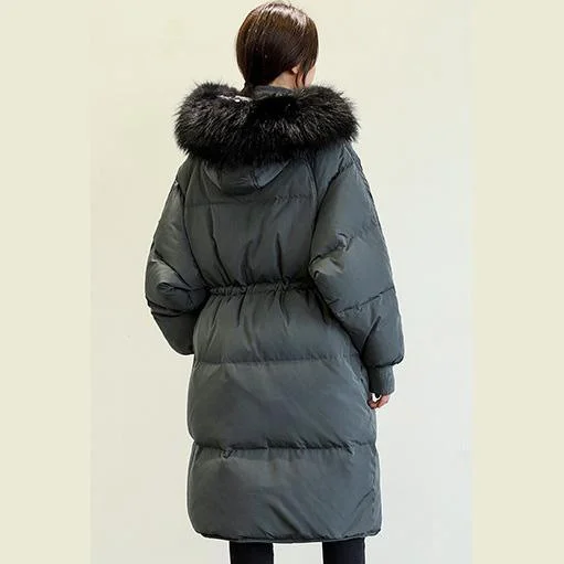 Elegant black down jacket woman Loose fitting tie waist down jacket fur collar coats