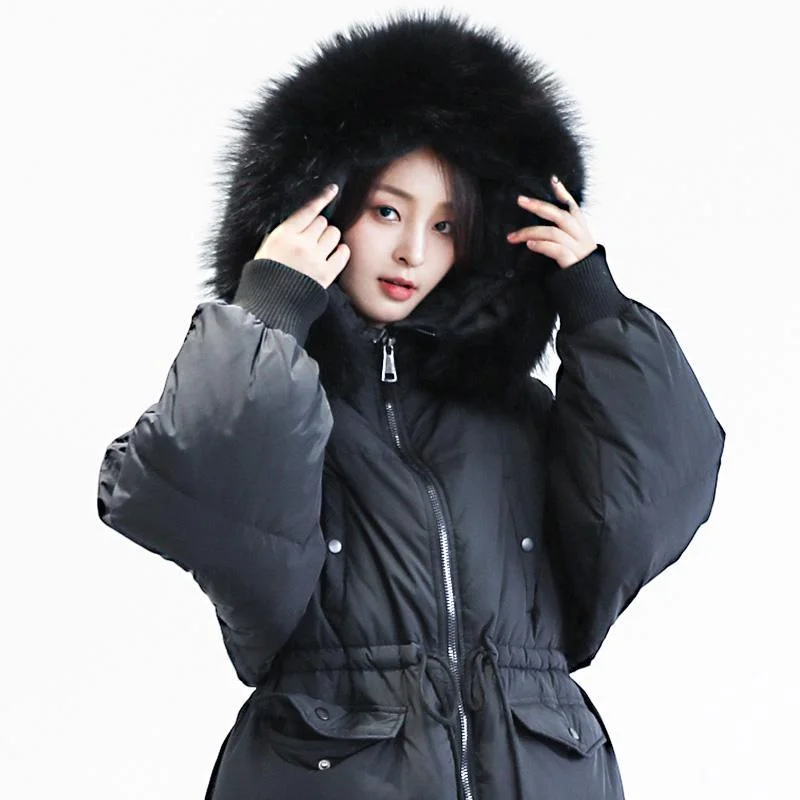 Elegant black down jacket woman Loose fitting tie waist down jacket fur collar coats