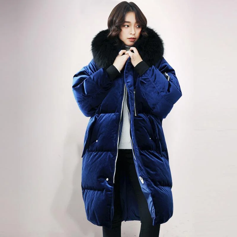 Elegant blue warm winter coat plus size clothing fur collar down jacket hooded winter outwear