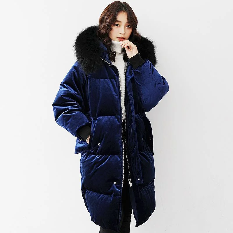 Elegant blue warm winter coat plus size clothing fur collar down jacket hooded winter outwear