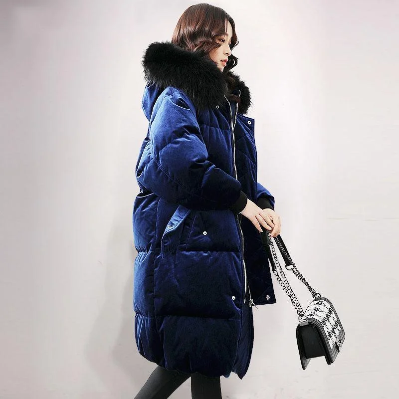 Elegant blue warm winter coat plus size clothing fur collar down jacket hooded winter outwear