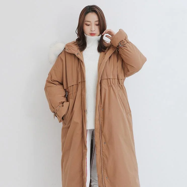 Elegant dark khaki goose Down coat plus size hooded winter jacket fur collar overcoat