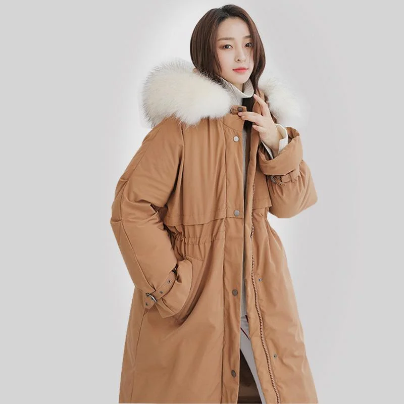 Elegant dark khaki goose Down coat plus size hooded winter jacket fur collar overcoat