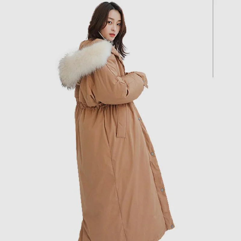 Elegant dark khaki goose Down coat plus size hooded winter jacket fur collar overcoat