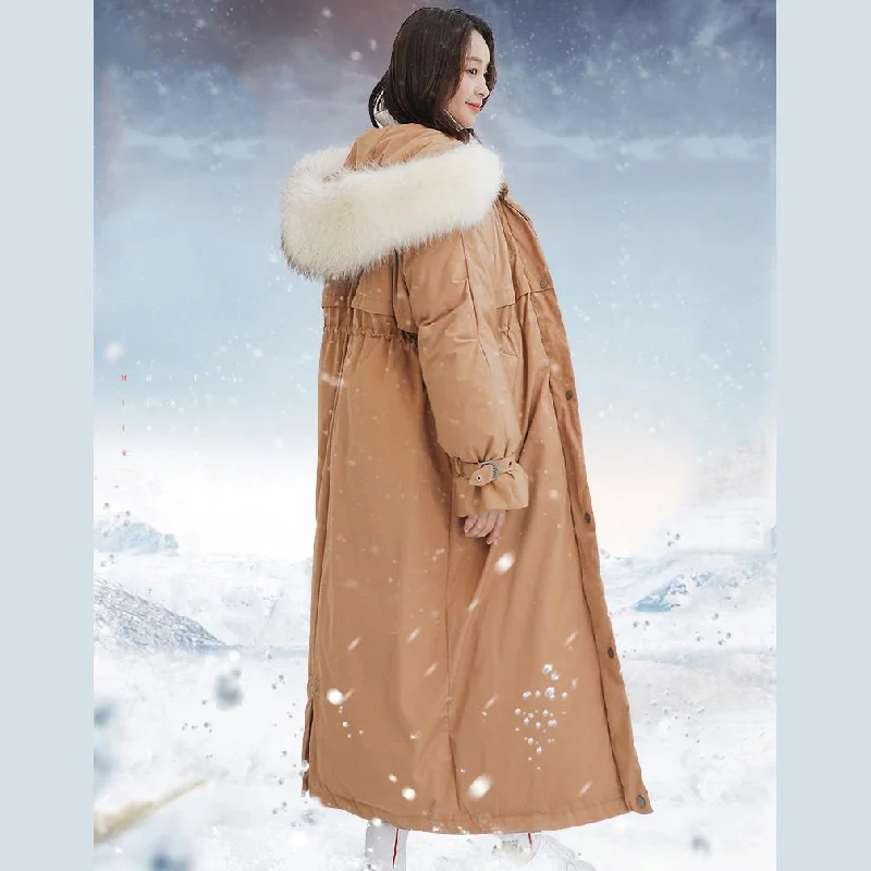 Elegant dark khaki goose Down coat plus size hooded winter jacket fur collar overcoat