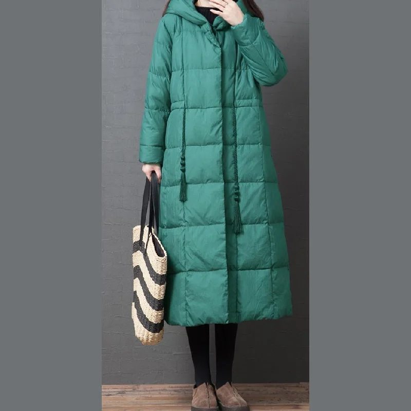 Elegant Loose fitting down jacket winter outwear green hooded pockets warm coat